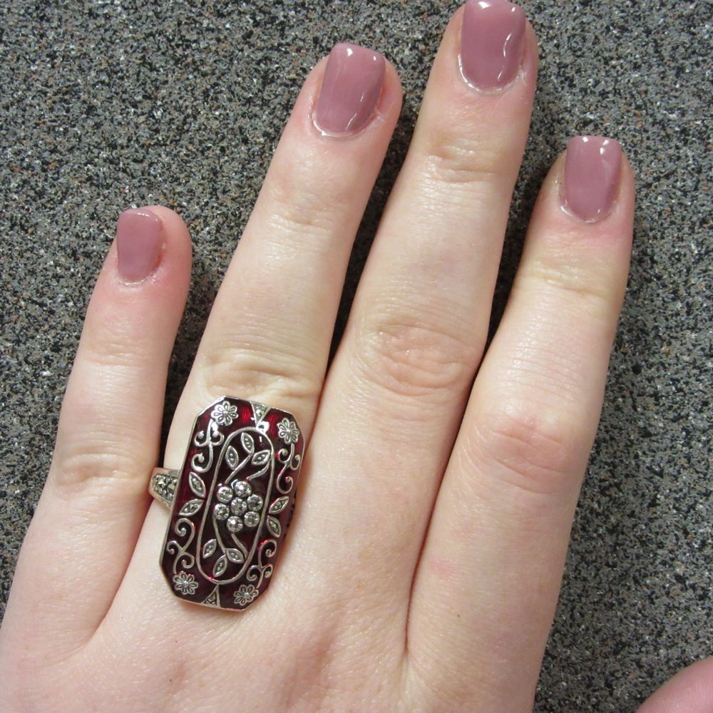 Long Rectangle Red Enamel Marcasite 'Art Deco' Ring - Click Image to Close